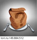 Lunch questions nutrition and dieting conept as a brown bag on a dinner plate with a fork and knife with a question mark as a symbol for choosing your meal. Стоковое фото, агентство Ingram Publishing / Фотобанк Лори