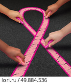 Breast cancer community as diverse hands drawing chalk street art of a pink ribbon concept as a health care symbol of the path of awareness hope and support for the survivors of the disease. Стоковое фото, агентство Ingram Publishing / Фотобанк Лори