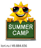 Summer camp message on a school chalk board with text written as a symbol of after school recreation and fun education with a happy sun character as an icon for childhood success. Стоковое фото, агентство Ingram Publishing / Фотобанк Лори
