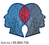 Complicated relationship as a concept for group therapy or marriage counseling as two human heads made from a maze merging together in an overlap as an icon of partnership solutions isolated on white. Стоковое фото, агентство Ingram Publishing / Фотобанк Лори