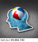 Leisure thinking concept and mental relaxation symbol as a swimming pool shaped as a human face with a beach ball representing the brain as a metaphor for planning a vacation or taking a break to manage stress with fun and relaxing activities. Стоковое фото, агентство Ingram Publishing / Фотобанк Лори