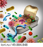 Contaminated food concept and tainted meal poisoning symbol resulting in illness due to dangerous toxic bacteria parasites and viruse contaminants as salmonella and e coli as an open. Стоковое фото, агентство Ingram Publishing / Фотобанк Лори