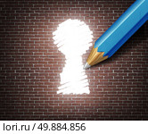 Business possibility idea concept as a white tipped pencil drawing a keyhole shape on a brick wall as an access to opportunity metaphor for finding a way to business success through creative ideas. Стоковое фото, агентство Ingram Publishing / Фотобанк Лори
