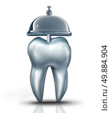 Dental service symbol and dentist services concept as a human molar tooth with a tooth and a service bell as an icon for dentistry health isurance and professional teeth chekup for oral health and hygiene. Стоковое фото, агентство Ingram Publishing / Фотобанк Лори