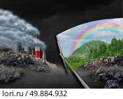 Cleaning the environment and global warming environmental concept as a scene with pollution being wiped with a wiper revealing a clean green natural landscape as a symbol for conservation and earth day. Стоковое фото, агентство Ingram Publishing / Фотобанк Лори