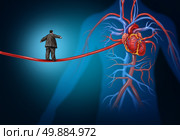 Risk factors for heart disease danger as a medical health care lifestyle concept with an overweight person walking on an elongated artery highwire as a symbol for coronary illness hazard or high blood pressure. . Стоковое фото, агентство Ingram Publishing / Фотобанк Лори