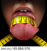 Calorie restriction concept as a tape measure wrapped tight around a human tongue as a fasting diet or dieting symbol for anorexia or dietary control. Стоковое фото, агентство Ingram Publishing / Фотобанк Лори