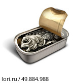 Empty promise concept as an open sardine can with a fish skeleton inside as a disappointment business metaphor and a symbol for worthless meanigless fraud or fleecing the public. Стоковое фото, агентство Ingram Publishing / Фотобанк Лори