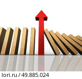 Domino effect success business management concept as an abstract symbol for managing a financial or company crisis by stopping the falling pieces with a red arrow. Стоковое фото, агентство Ingram Publishing / Фотобанк Лори