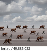 Bear market run business concept as a symbol for declining stock market loss and economy risk as a group of bears racing and charging with running fearful people as a heard mentality on a race track. Стоковое фото, агентство Ingram Publishing / Фотобанк Лори