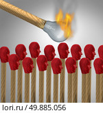 Ideas that catch on concept as a viral marketing symbol and spreading a popular idea or propaganda and social brainwashing communication icon as a lit matchshaped as a light bulb lighting a group of other matches shaped as human heads. Стоковое фото, агентство Ingram Publishing / Фотобанк Лори