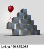 Support business solution concept as a group structure of three dimensional blocks in danger of falling with a key piece supported by a red balloon as a corporate and financial symbol for solving a problem. Стоковое фото, агентство Ingram Publishing / Фотобанк Лори