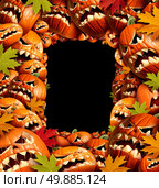 Halloween vertical border frame with empty blank copy space as a group of carved jackolantern pumpkin group and fall leaves as a concept and design element for a creepy advertisement and marketing announcement for an autumn time party. Стоковое фото, агентство Ingram Publishing / Фотобанк Лори