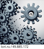 Teamwork breaking out business concept as a businessman and businesswoman team inside a cog or gear detaching themselves from the machine as a success motivation for starting a new company. Стоковое фото, агентство Ingram Publishing / Фотобанк Лори