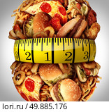 Obesity waistline diet concept as a group of unhealthy fast food as hamburgers,fries and hot dogs bulging out as a fat stomach with a tape measure wrapped around the greasy food. Стоковое фото, агентство Ingram Publishing / Фотобанк Лори