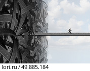 Escape way as a businessman finding the solution path to leave the confusion of a group of tangled roads  finding a path to freedom. Стоковое фото, агентство Ingram Publishing / Фотобанк Лори