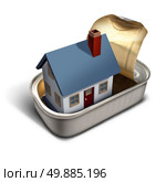 Confined  home real estate moving time concept as a family house inside a sardine can metaphor for living in a squeezed cramped space on a white background. Стоковое фото, агентство Ingram Publishing / Фотобанк Лори