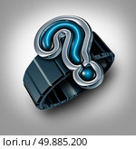 Smartwatch questions concept or smart watch wearable technology symbol as a device that connects to the internet as a wristband with a time piece shaped as a question mark as an icon for high tech gadget gear guide. Стоковое фото, агентство Ingram Publishing / Фотобанк Лори