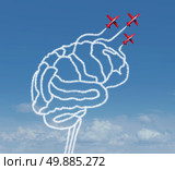Mind possibility and thinking possibilities concept as a group of air show acrobatic air planes flying in the sky creating with smoke a human brain shape as a business success metaphor or learning symbol for opportunity. Стоковое фото, агентство Ingram Publishing / Фотобанк Лори