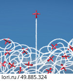 Management leadership concept and managing a crisis as a business symbol with a group of acrobatic jet airplanes creating confused tangled smoke trails with one jet breaking free to a clear path of risk opportunity as a metaphor for organization success. Стоковое фото, агентство Ingram Publishing / Фотобанк Лори