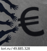 Euro demand as the cast shadow of a group of hands reaching out to grab the European currency symbol as a financial and business concept or money financing issues and economic symbol. Стоковое фото, агентство Ingram Publishing / Фотобанк Лори