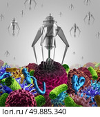 Nanotechnology medical therapy medicine concept as a group of microscopic nano robots or nanobots programed to kill disease as cancer virus and deadly bacteria cells or human disease as a futuristic health care cure symbol. Стоковое фото, агентство Ingram Publishing / Фотобанк Лори