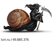 Slow aging health care concept as a snail shell with a grim reaper character moving slowly as a health care metaphor for delaying death and living a healthy longer life. Стоковое фото, агентство Ingram Publishing / Фотобанк Лори