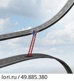 Career move business concept as a businessman climbing a ladder of success away from a road going down to a path rising up as a metaphor for timing strategy and seeking new promising opportunities in the market. Стоковое фото, агентство Ingram Publishing / Фотобанк Лори