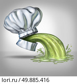 Food poisoning concept and foodborne illness as a chef hat with an open mouth with vomit projecting outwards as a symbol for contaminated and tainted meal caused by bacteria as salmonella or gastroenteritis contamination. Стоковое фото, агентство Ingram Publishing / Фотобанк Лори