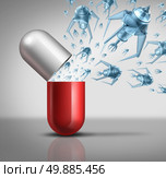 Nano medication and medical technology and nanotechnology medicine concept as a group of microscopic nano robots or nanobots programed to kill human disease emerging from an open pill capsule as a futuristic health care icon. Стоковое фото, агентство Ingram Publishing / Фотобанк Лори