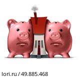 Housing crunch and home crisis concept as two piggy banks putting the squeeze on a family house as an economic symbol of feeling financial pressure and finance stress from realestate mortgage prices and renovation expenses. Стоковое фото, агентство Ingram Publishing / Фотобанк Лори