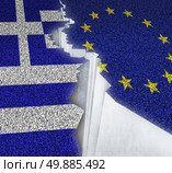 Greece Europe failure concept as a dividing crack on a broken road with the European union and Greek flag as a failure or potential grexit deal because of the debt crisis and austerity management of the Athens economy. Стоковое фото, агентство Ingram Publishing / Фотобанк Лори