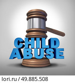 Child abuse concept and criminal abusive mistreatment of children symbol as a justice judge gavel or mallet coming down on the words that represent the criminal act of neglect and violence on kids. Стоковое фото, агентство Ingram Publishing / Фотобанк Лори