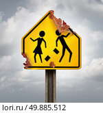 Education decline and neglected school problems concept as a rusted student crossing traffic sign as a symbol of negligence in public schools and teaching or funding challenges for special learning and literacy programs. Стоковое фото, агентство Ingram Publishing / Фотобанк Лори