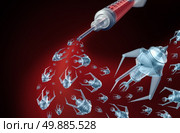 Nano Medical technology and nanotechnology medicine concept as a group of microscopic nano robots or nanobots programed to kill human disease as cancer emerging from a doctor syringe as a futuristic health care cure symbol. Стоковое фото, агентство Ingram Publishing / Фотобанк Лори