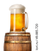 Light beer on cask isolated on a white background. Стоковое фото, агентство Ingram Publishing / Фотобанк Лори