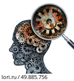 Brain decline and dementia or aging as memory loss concept for brain cancer decay or an Alzheimer’s disease with the medical icon of a old rusting mechanical gears and cog wheels of metal in the shape of a human head with rust. Стоковое фото, агентство Ingram Publishing / Фотобанк Лори