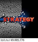 Strategy solution concept and game plan symbol as text breaking through a maze or labyrinth puzzle as a financial  or corporate symbol of planning success to find a way towards succeeding in business and life. Стоковое фото, агентство Ingram Publishing / Фотобанк Лори