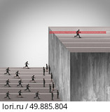 Business innovation advantage concept as a group of businesspeople running into a high wall obstacle with one clever competitive businessman using a ladder to climb and carrying the tool with him to deny the competition of opportunity. Стоковое фото, агентство Ingram Publishing / Фотобанк Лори