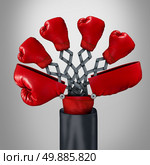 Innovative competitor business concept as an open big boxing glove with four other red gloves emerging out as a game changer strategy symbol for competitive innovator advantage through clever invention. Стоковое фото, агентство Ingram Publishing / Фотобанк Лори
