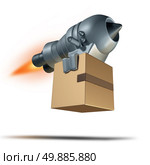 Express delivery service symbol and freight transport concept for fast courier shipping as a rocket engine blasting off to quickly deliver a package box shipment. Стоковое фото, агентство Ingram Publishing / Фотобанк Лори