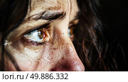 A close-up view of a womans face with tears streaming down her cheeks, expressing deep emotion. Стоковое AI-изображение, AI-художник Данила Большаков / Фотобанк Лори