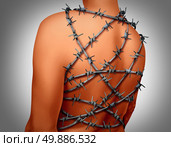 Chronic Back Pain and human spinal backache with a body showing the vertebra area wrapped in barbed or barb wire as a medical health care concept for arthritis or joint stress and painful suffering due to disk or joint inflammation. Стоковое фото, агентство Ingram Publishing / Фотобанк Лори