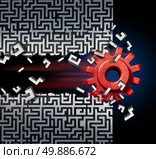 Business success solution concept as a machine gear or mechanical cog breaking through a maze or labyrinth as a metaphor for disruptive technology or ground breaking innovation. Стоковое фото, агентство Ingram Publishing / Фотобанк Лори