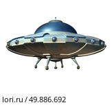 Flying saucer spaceship isolated on a white background as a classic ufo extraterrestrial hover craft from outer space as a science fiction symbol for probing alien spacecraft conspiracy theory. Стоковое фото, агентство Ingram Publishing / Фотобанк Лори