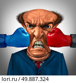 Business pressure concept as a businessman being punched and crushed by two boxing gloves from competitors as a financial stress metaphor and corporate squeeze symbol or headache icon. Стоковое фото, агентство Ingram Publishing / Фотобанк Лори