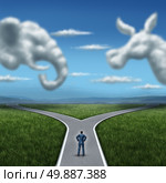 Republican versus democrat concept American election campaign fight as two clouds shaped as an elephant and donkey symbol with a voter on a cross road dilemma for the vote of the United states for an election win. Стоковое фото, агентство Ingram Publishing / Фотобанк Лори