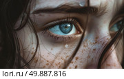 Close-up view of a persons face featuring striking blue eyes. Стоковое AI-изображение, AI-художник Данила Большаков / Фотобанк Лори