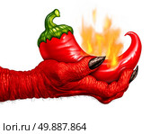 Hot pepper devil hand as a red chili burning in flames being held by a demon hand as a food symbol for spicy seasoning cooking isolated on a white background. Стоковое фото, агентство Ingram Publishing / Фотобанк Лори