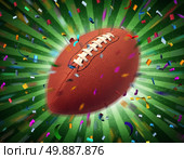 Football celebration and touchdown party in a United States championship game and professional sport ball on a starburst background with confetti and streamers for a traditional American and Canadian sporting event. Стоковое фото, агентство Ingram Publishing / Фотобанк Лори